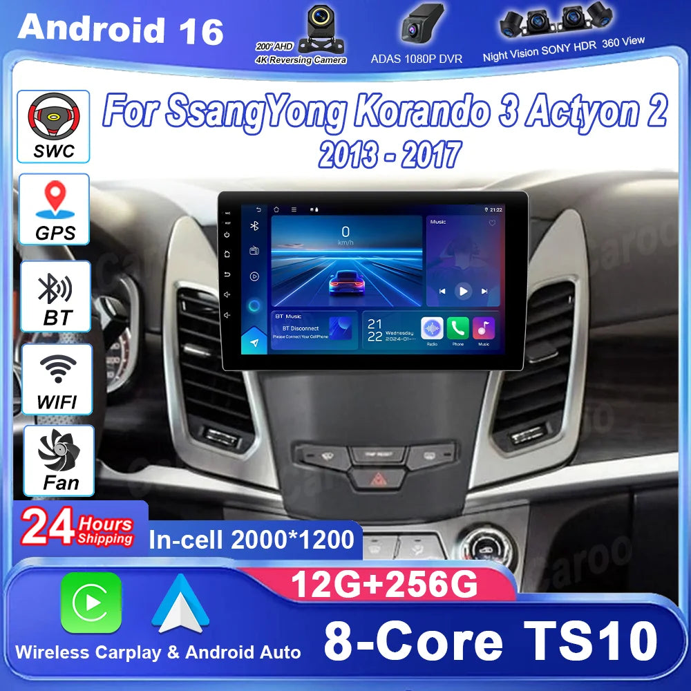 Android 16For SsangYong Korando 3 Actyon 2 2013 - 2017 Car Radio Stereo Wireless Carplay M