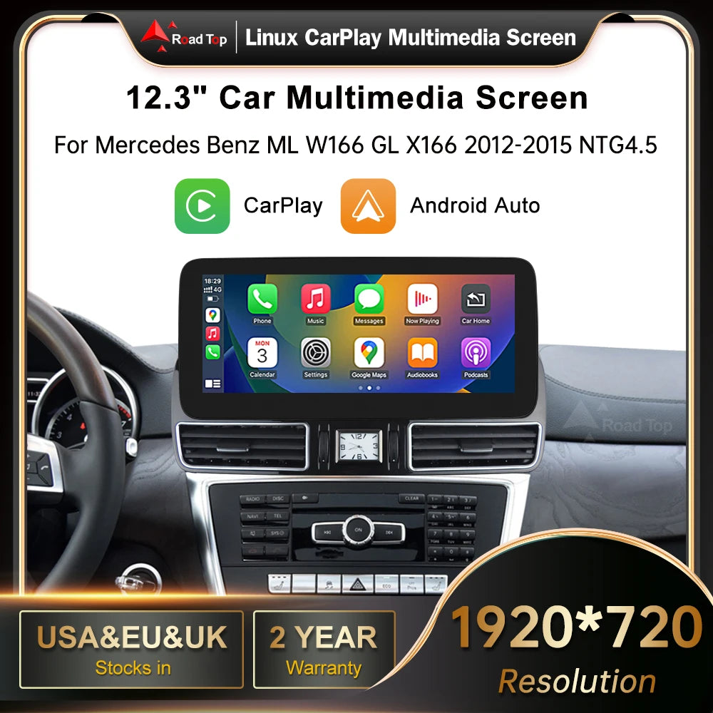 12.3' RoadTop Wireless CarPlay Android Auto Multimedia Display Linux Screen for Mercedes-B