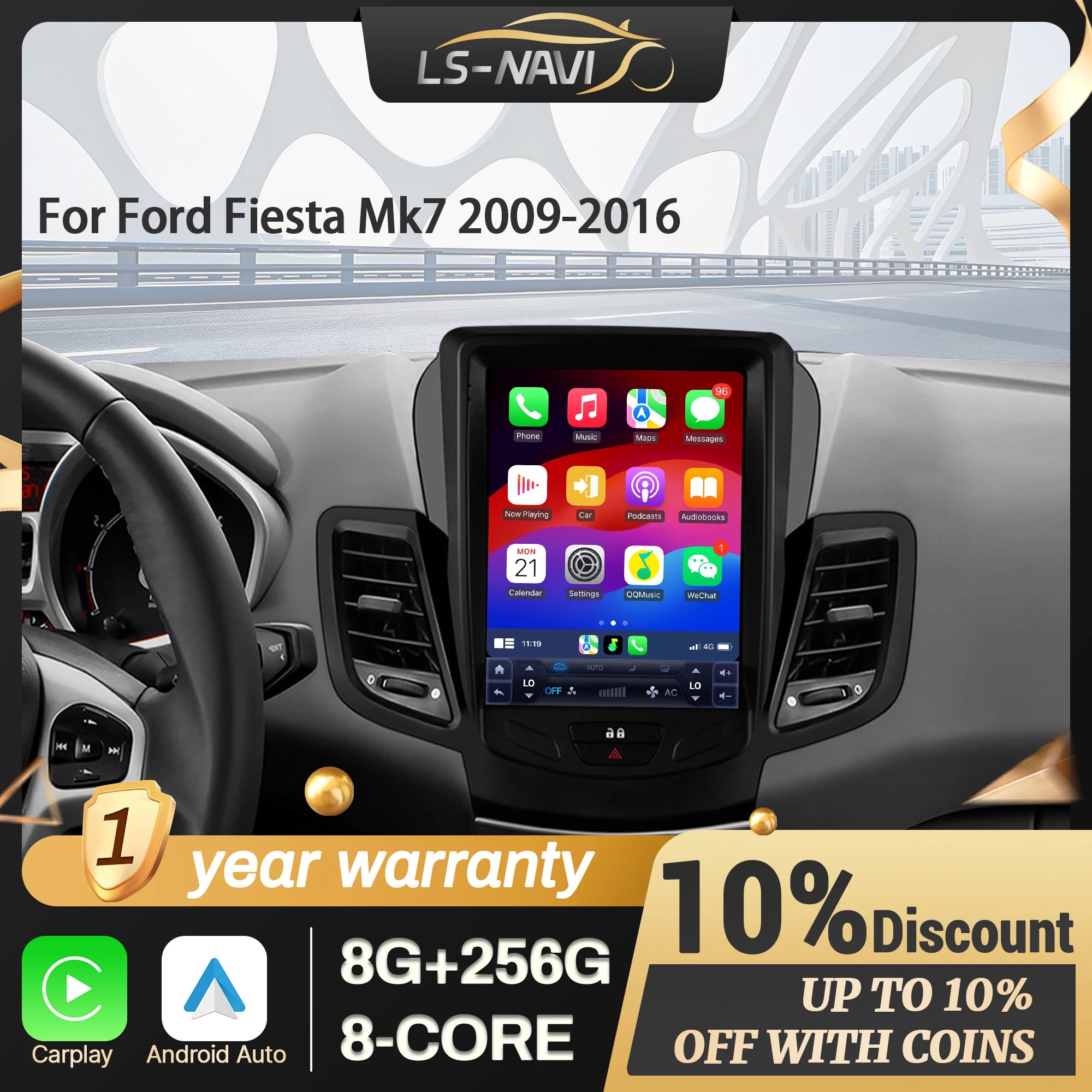 9.7” For Ford Fiesta Mk7 2009-2016 Wireless CarPlay Multimedia Car Radio Android 14 Naviga