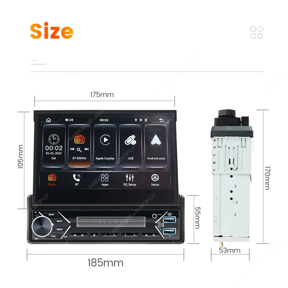 1Din 7inch Wireless Car-play Android Auto Car Stereo HD Retractable Screen Multimedia Vide | AUTOKITSHOP