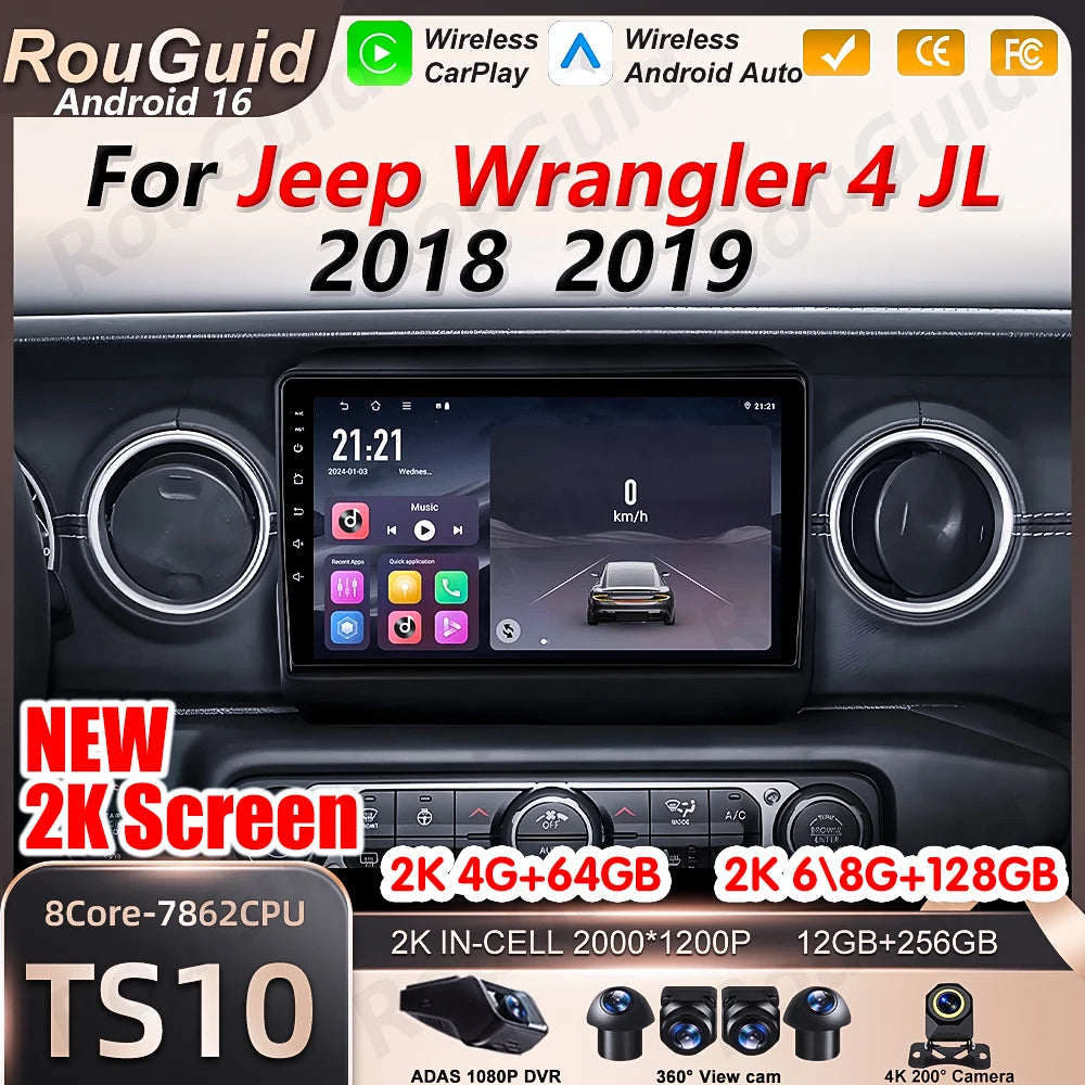 Android 16 Carplay Car Radio For Jeep Wrangler 4 JL 2018 2019 GPS Stereo 2K Screen Video M | AUTOKITSHOP