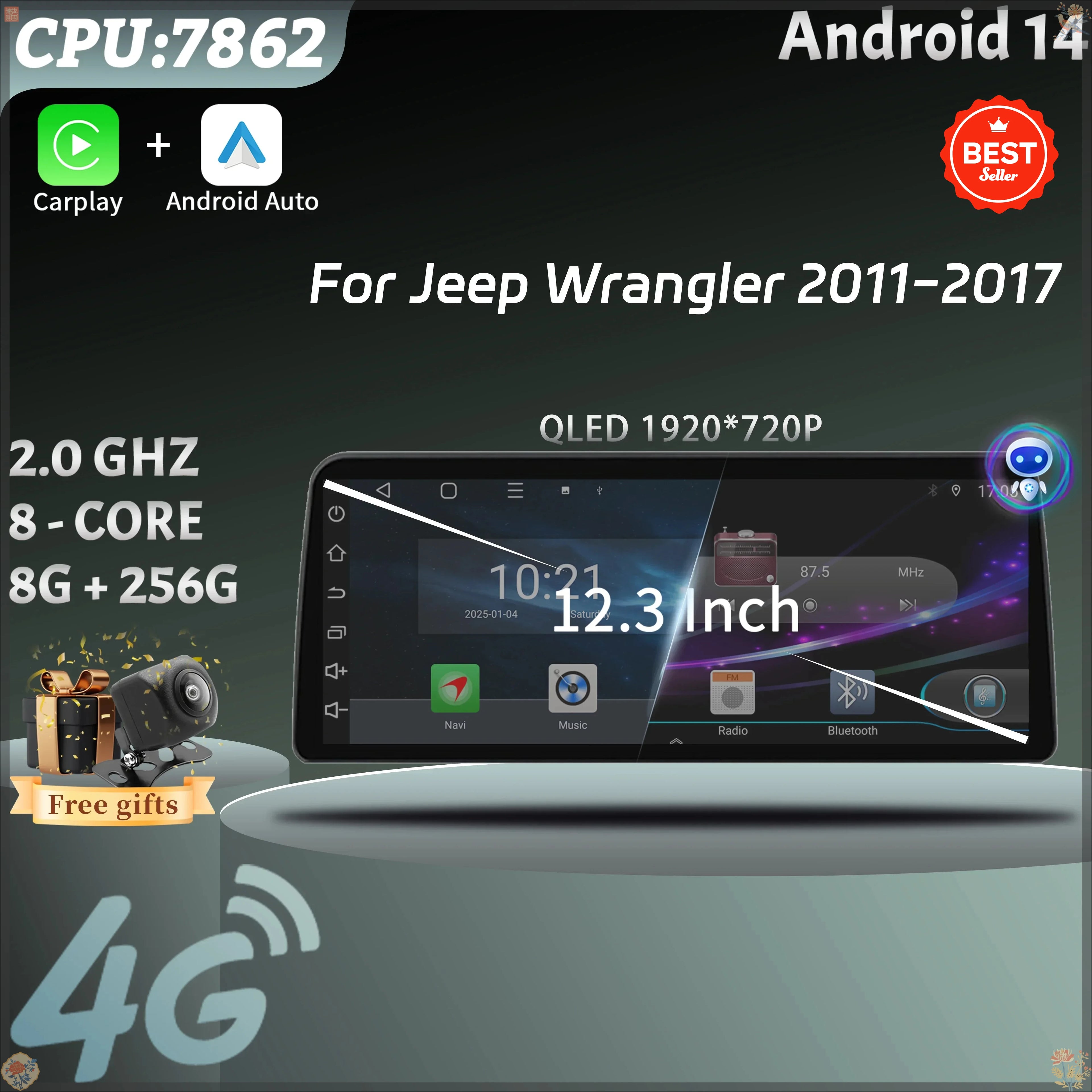 For Jeep Wrangler 2011-2017 12.3inch Car Radio Stereo Android 14 Multimedia Navigation 4G