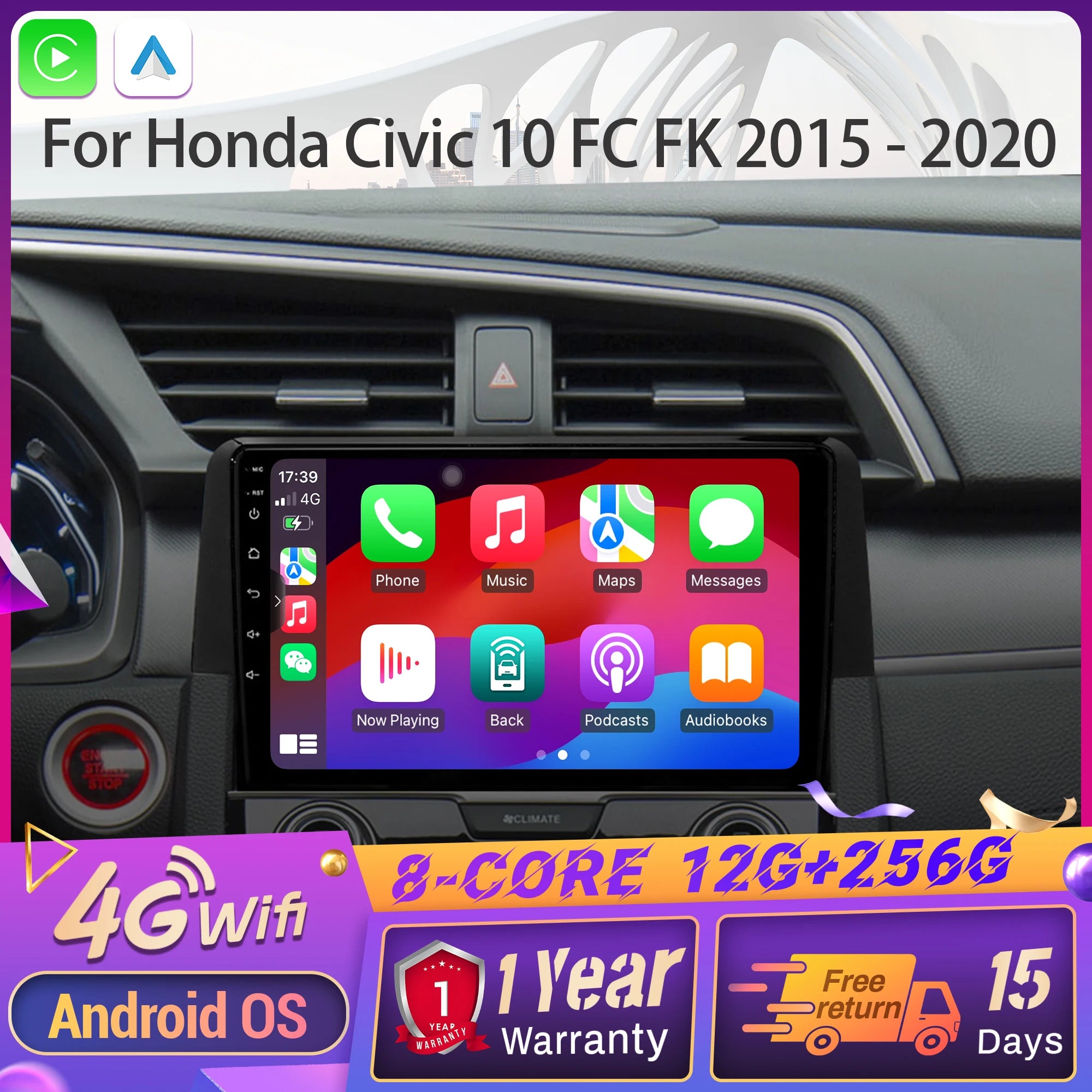 For Honda Civic 10 FC FK 2015-2020 Android 14 Car Radio Multimedia Navigation 4G GPS Wirel