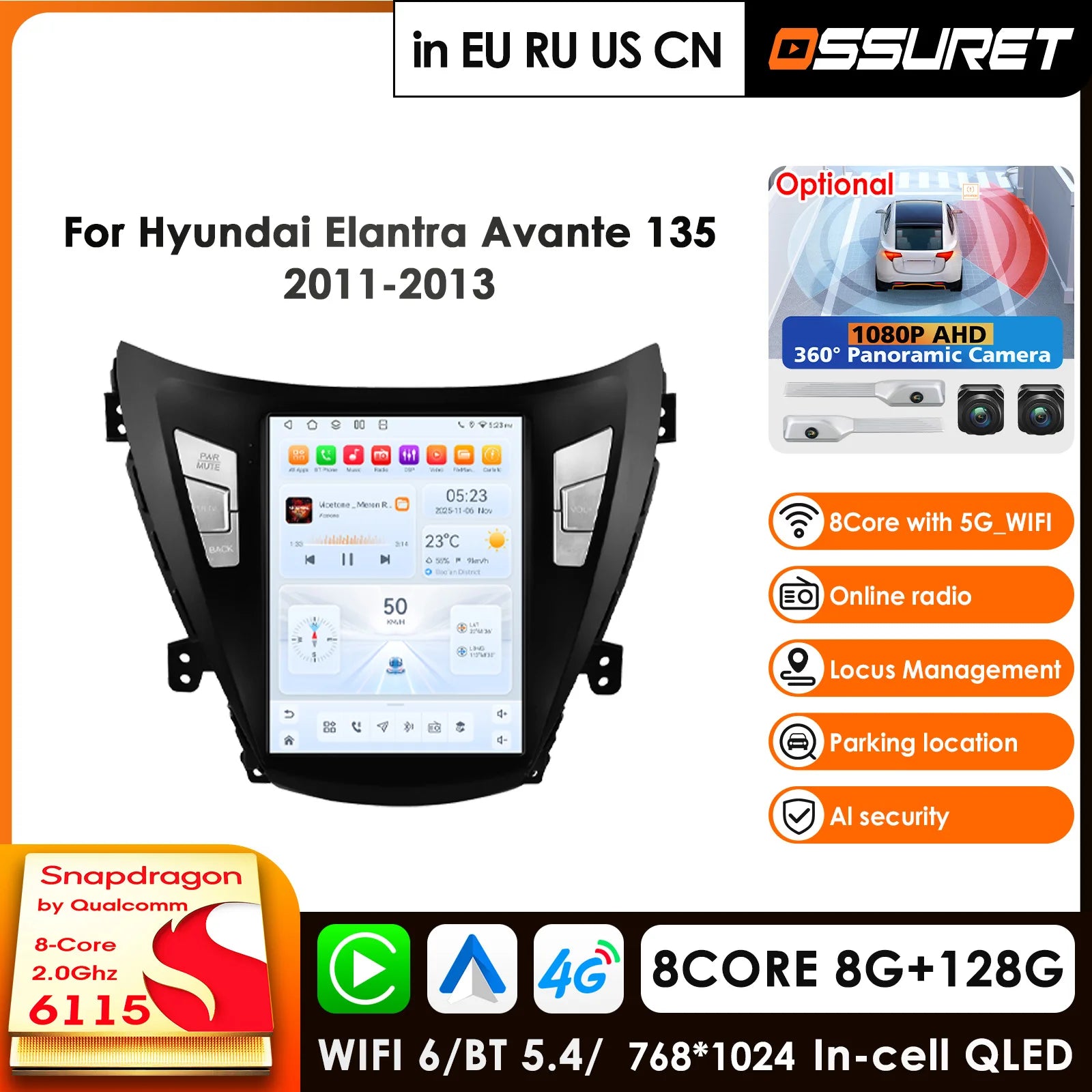 12.3" Car Radio GPS for Hyundai Elantra Avante I35 2011-2013 - Qualcomm 360° Cam Wireless CarPlay Android Auto Multimedi
