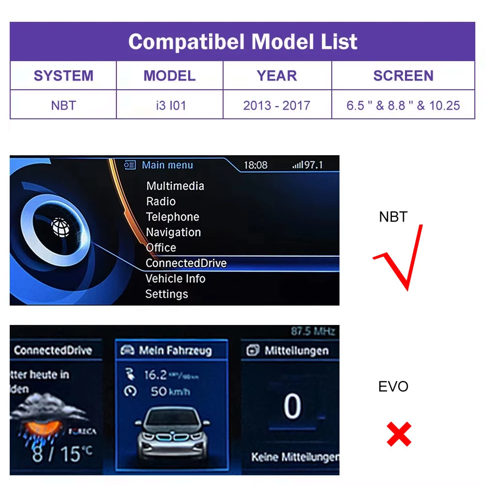 AUTOABC Wireless CarPlay for BMW i3 I01 NBT System 2013-2017 with Android Auto Mirror Link