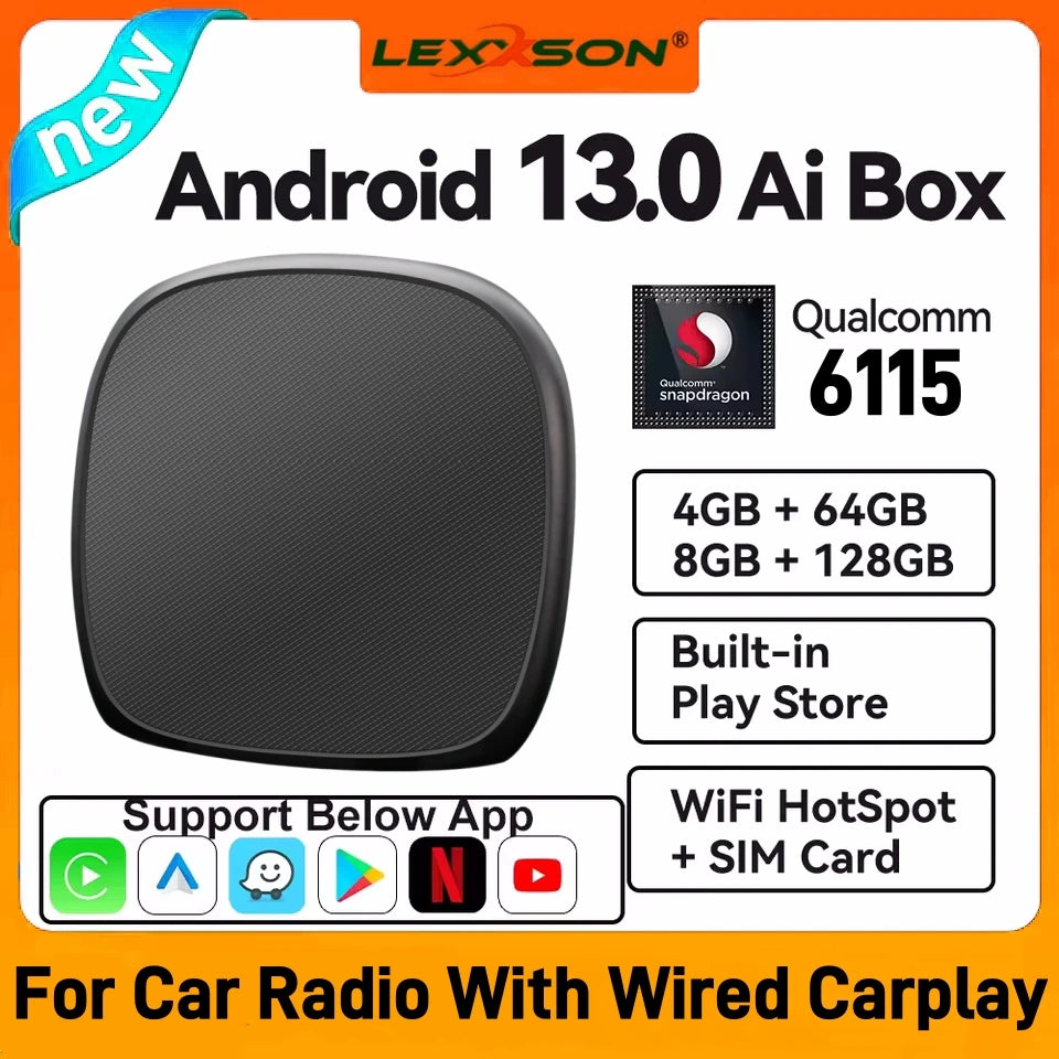 CarPlay AI Box Android 13.0 QCM6115 4-Core Wireless Android Auto 2.4+5G 8GB 128GB GPS WIFI | AUTOKITSHOP