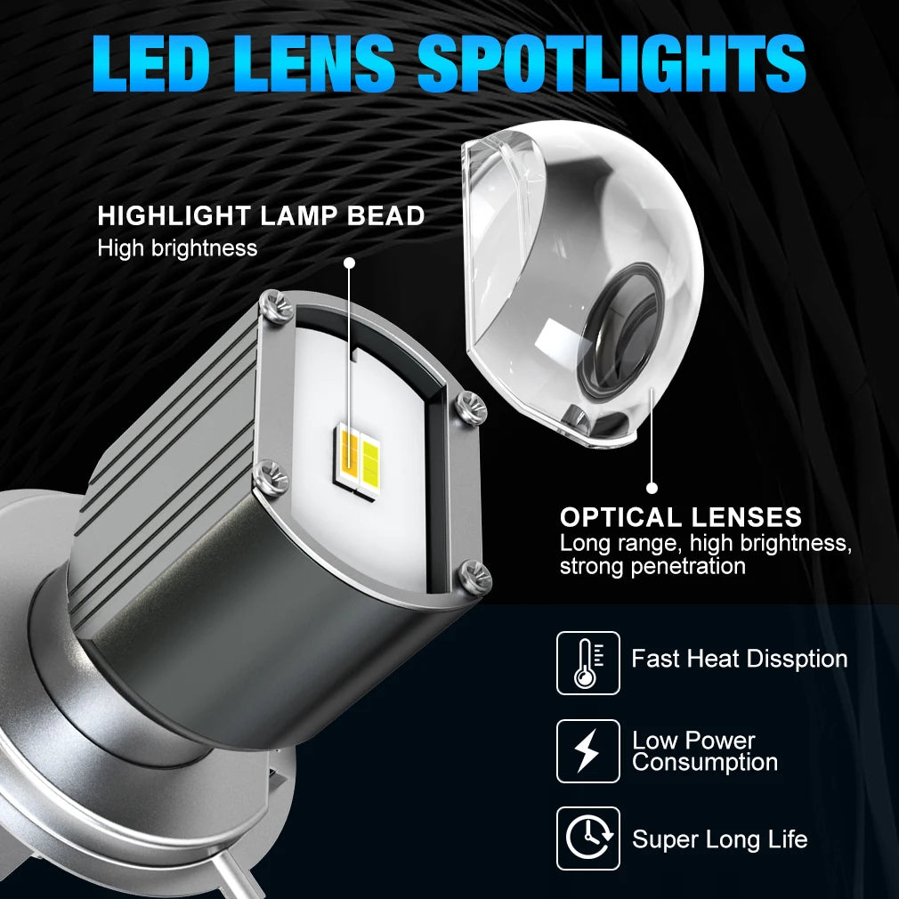 TOAUTO H4 LED Light Motorcycle Lens Projector Headlight BA20D 15W 12000LM Lens Moto H4 Bi