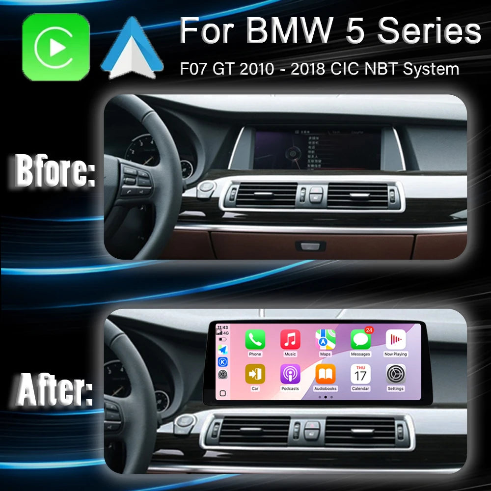 Wireless Carplay Android 14 For BMW 5 Series F07 GT 2010 - 2018 CIC NBT System Multimedia