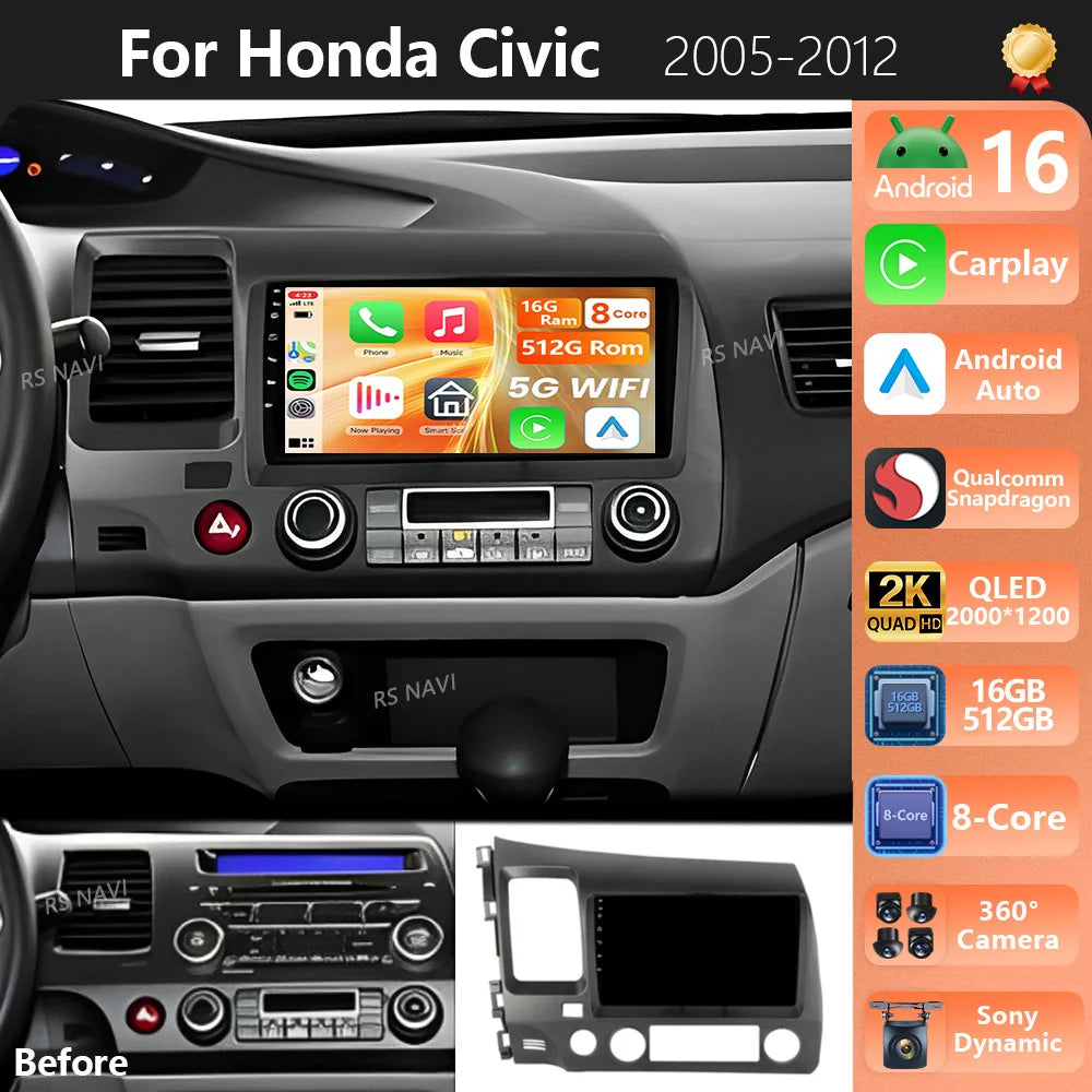 Plug and Play Android 16 For Honda Civic 8 FK FN FD 2005 - 2012 2K QLED Android Car Radio