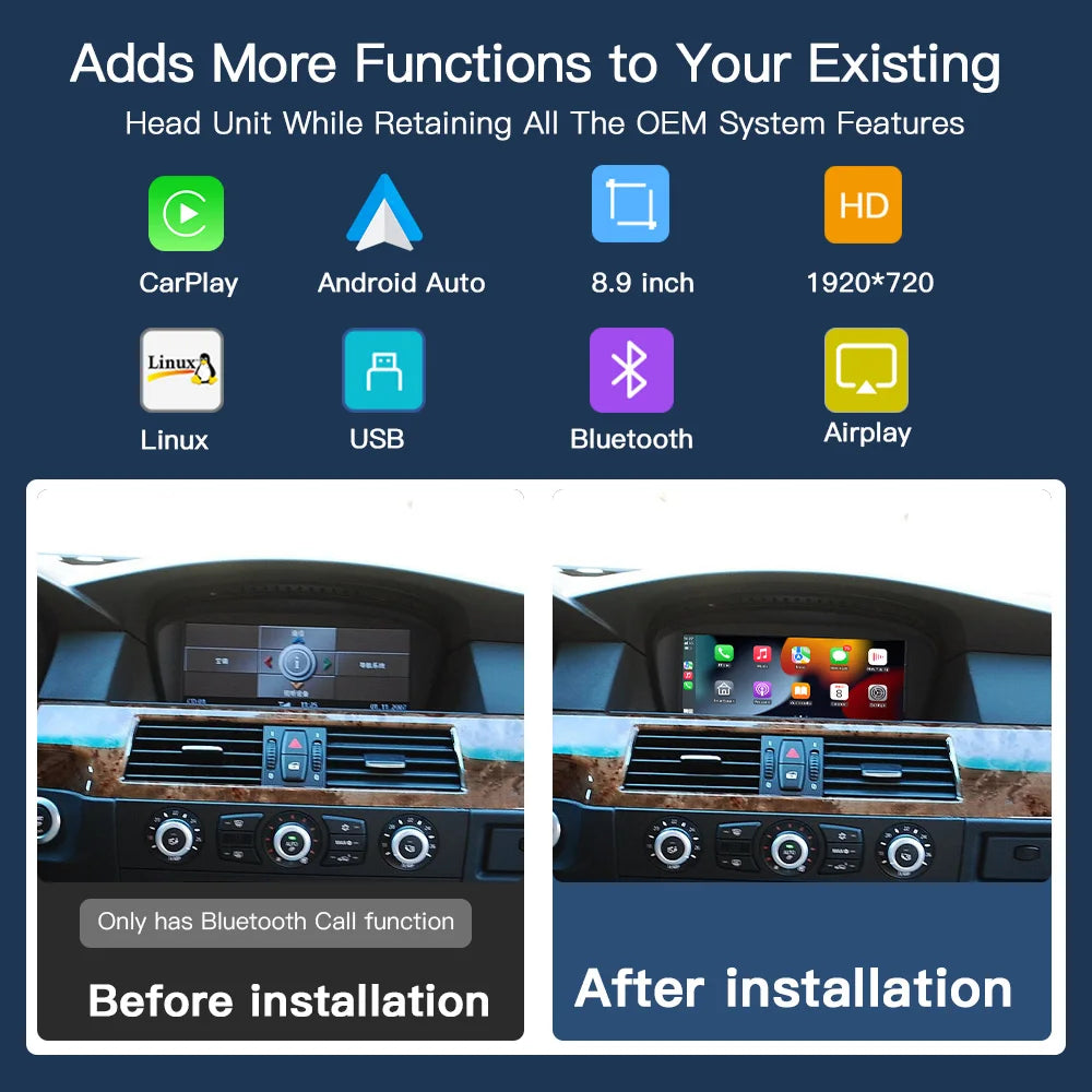 8.9“ Wireless CarPlay Android Auto Car Multimedia Touch Screen Linux For BMW 3 5 Series CI