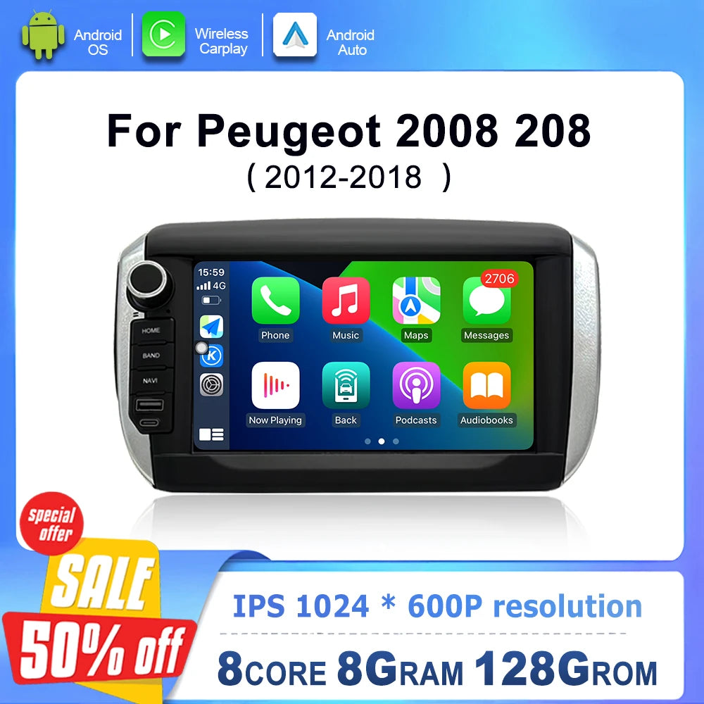 for Peugeot 2008 208 2012 - 2018 Android OS Car Radio Multimedia display Wired Auto Wirele