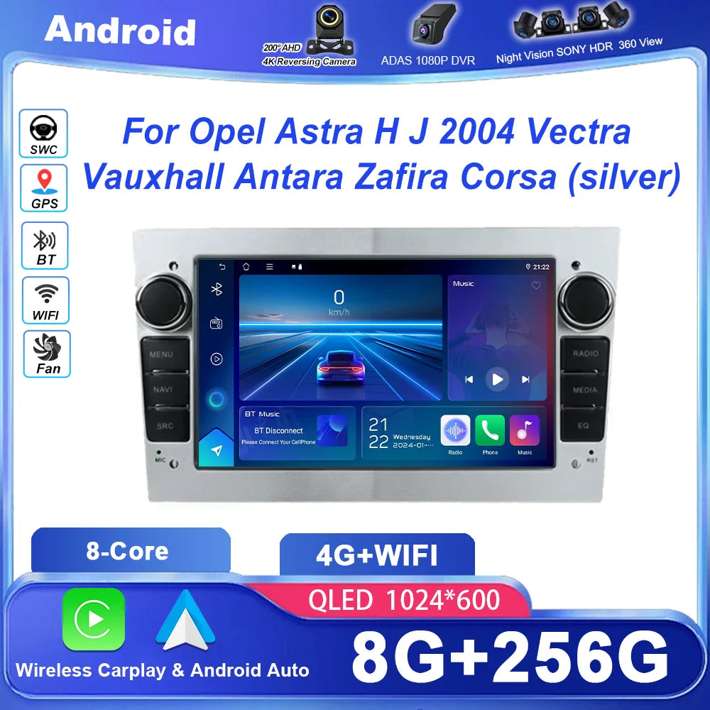 Silver Android For Opel Astra H J 2004 Vectra Vauxhall Antara Zafira Corsa Auto Radio Ster