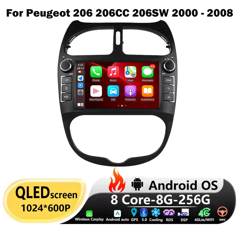 Android 16 Auto Carplay For Peugeot 206 206CC 206SW 2000-2008 Car Radio Multimedia Video P