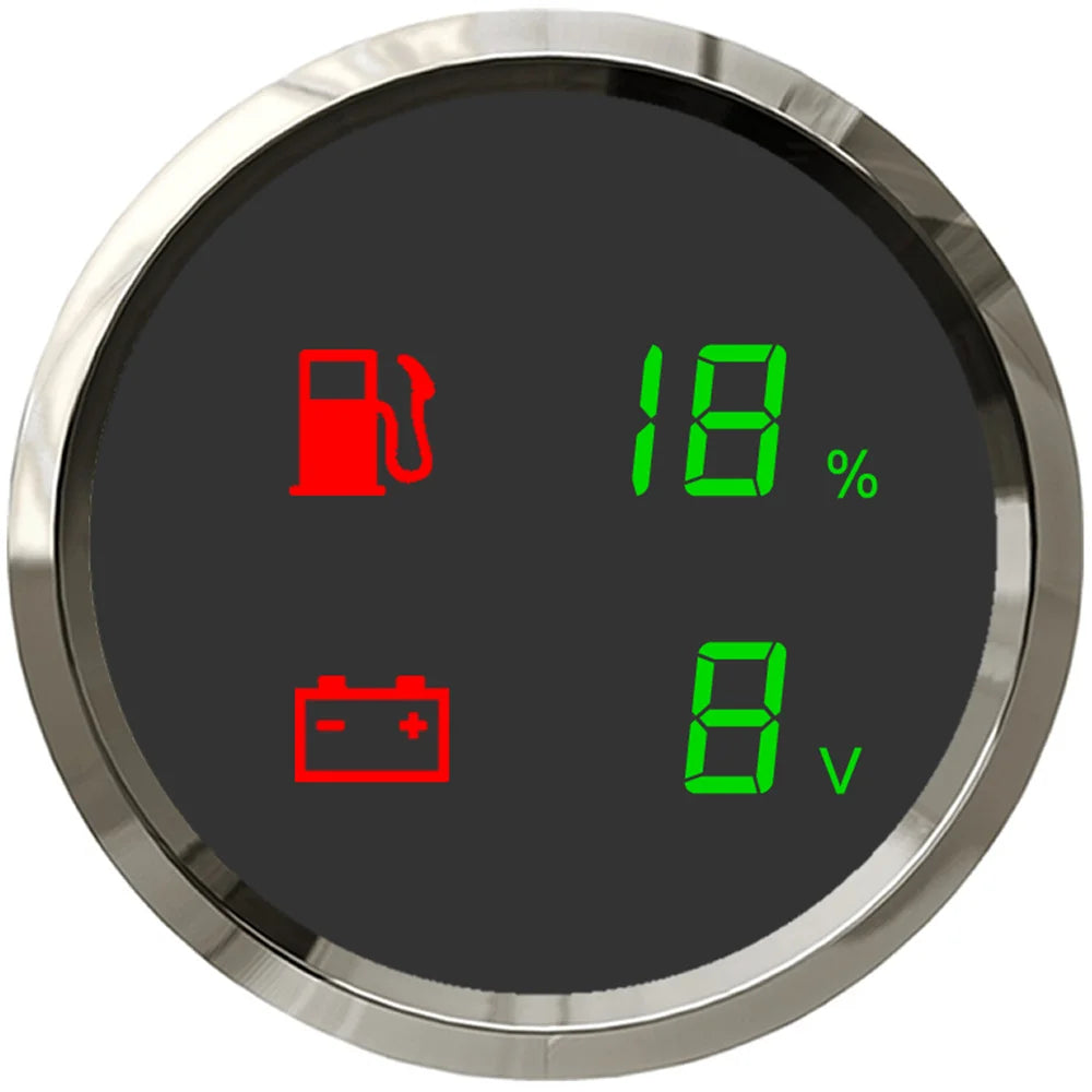 12V/24V 52mm 2-in-1 Digital LED Meter Voltage + Fuel Level Dual Gauge Waterproof