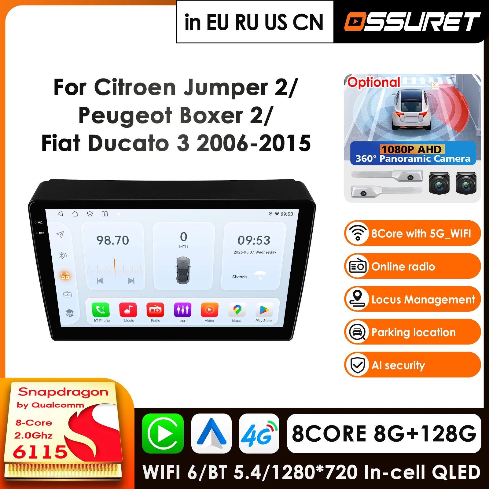 2Din Car Radio GPS for Fiat Ducato 3 2006-2022 - 4G LTE Android Auto Carplay Navigation Stereo Head Unit Multimedia