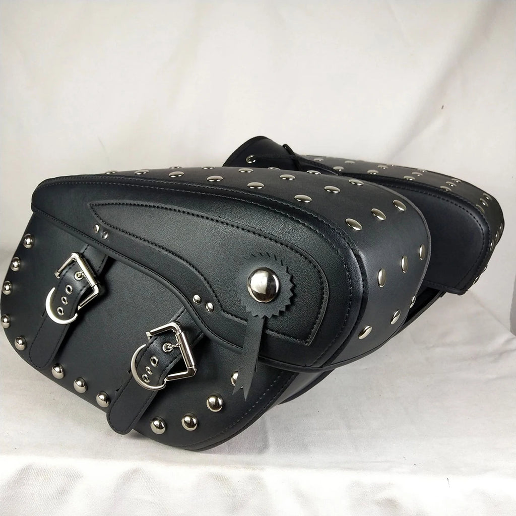 Universal Motorcycle Black Saddle Bag Rivet Bag Large Capacity Luggage Bag For Harley Touring Sa - Automotive LED Light