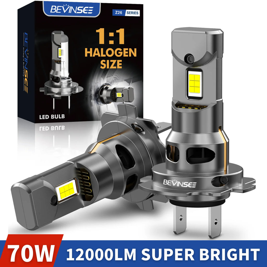 BEVINSEE H7 LED Headlight Bulbs CANBUS 1:1 Halogen Size Plug and Play H4 H1 H11 HB3 9005 H