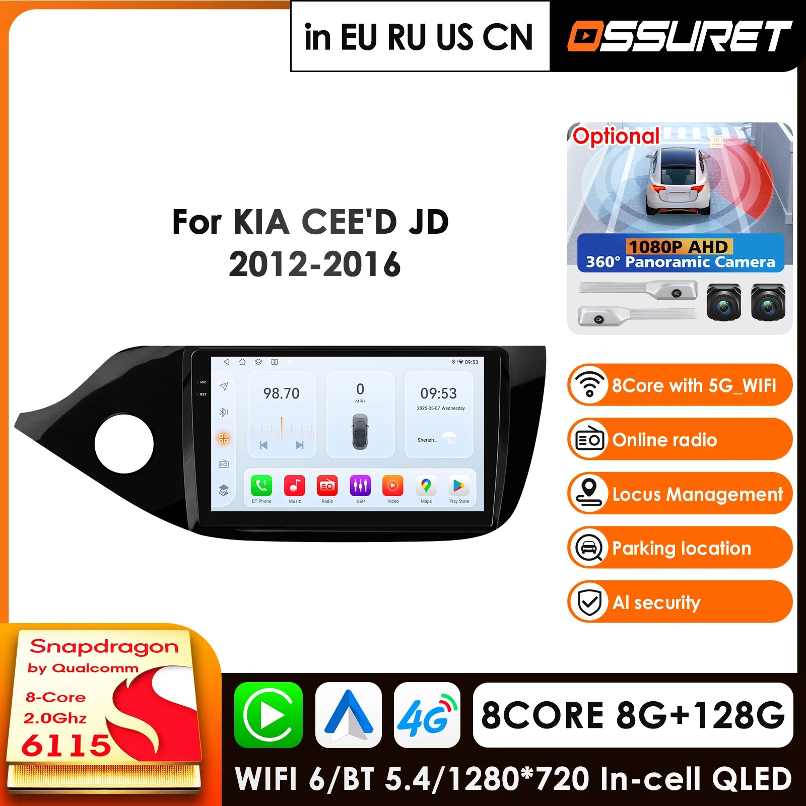 9" Car Radio GPS for KIA Cee'd JD 2012-2016 CEED Sportswagon - Android 14 Carplay 4G DSP WiFi Multimedia Video Player