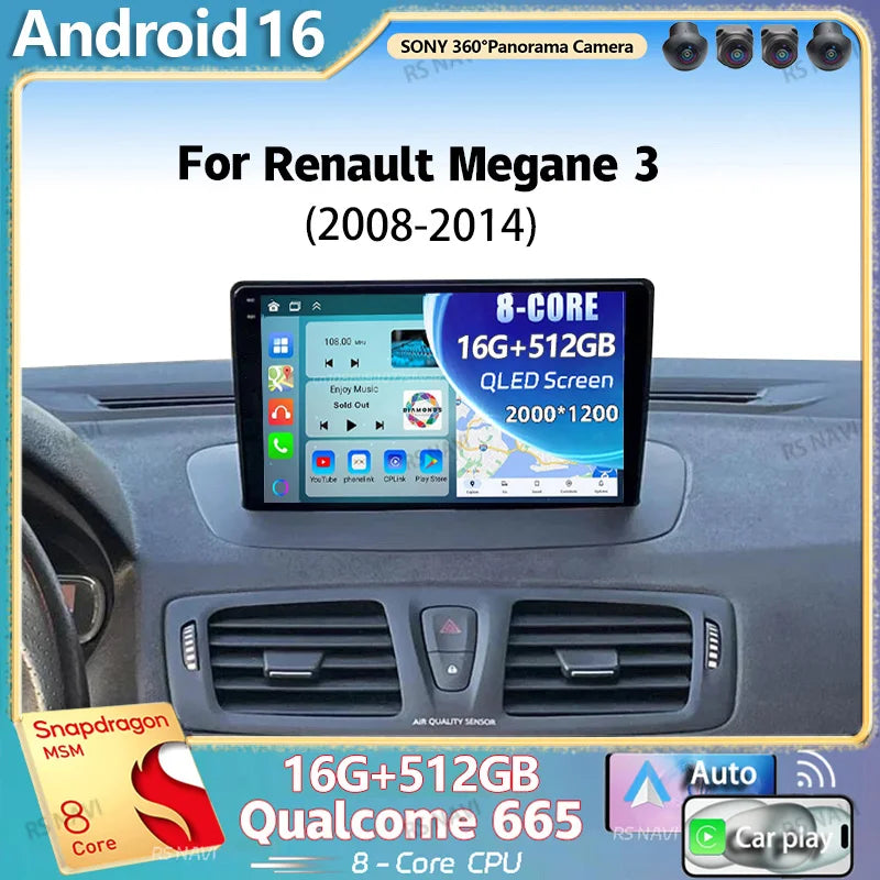 Android 16 For Renault Megane 3 2008 - 2014 2K QLED Android Car Radio Multimedia Video Pla