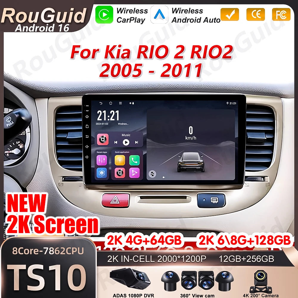 Android 16 Carplay For Kia RiO 2 RIO2 2005 2006 2007-2011 Multimedia Player Touch Screen B | AUTOKITSHOP