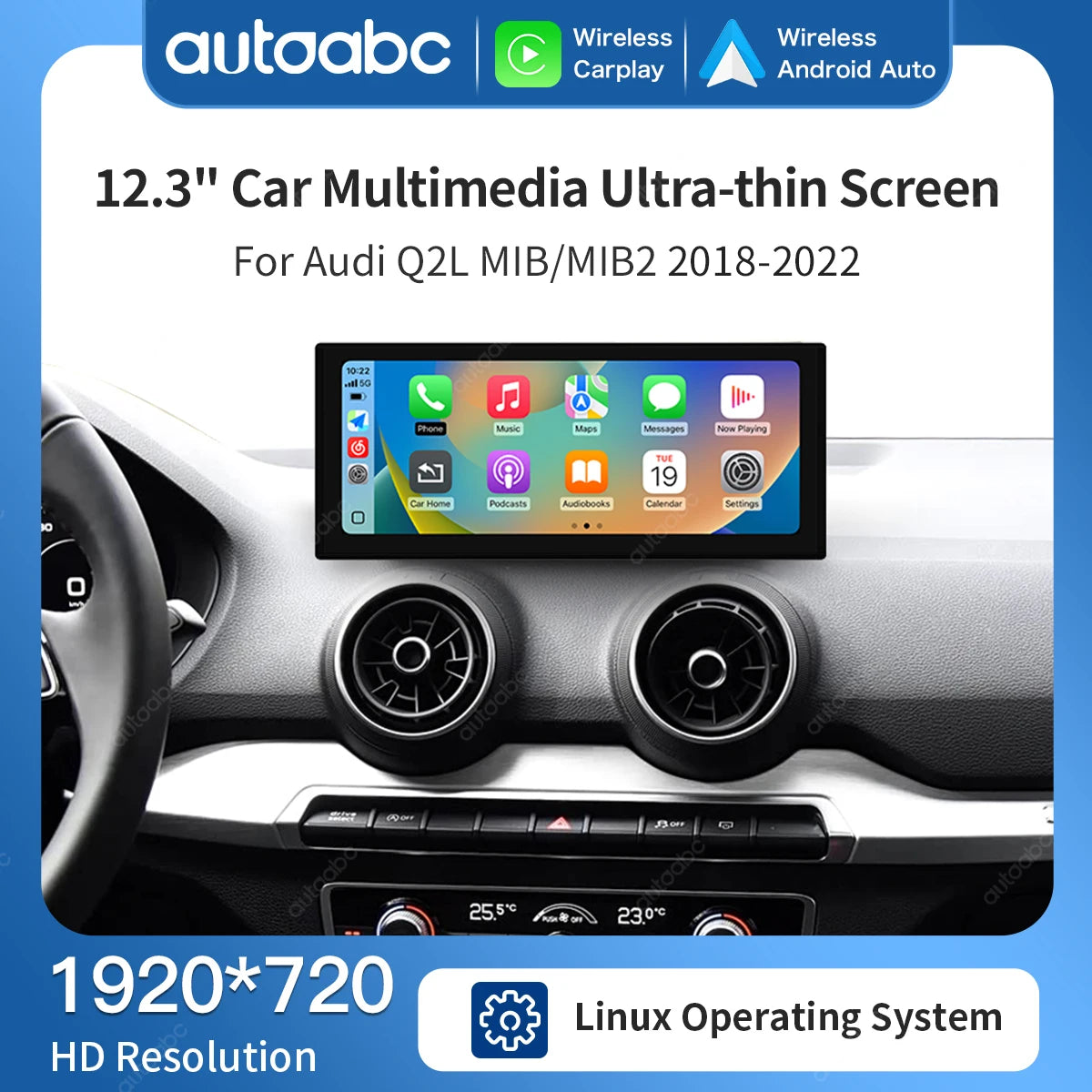 12.3" Ultra-thin Linux Screen for Audi Q2L 2018 - 2022 Wireless Carplay HD Touch Screen Mu | AUTOKITSHOP