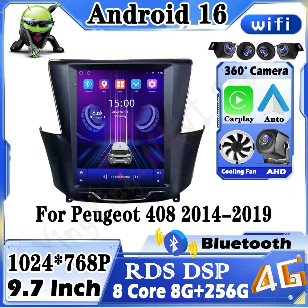 9.7 lnch for Peugeot 408 2014-2019 Car Radio Multimedia Player Android 16 Intelligent Syst