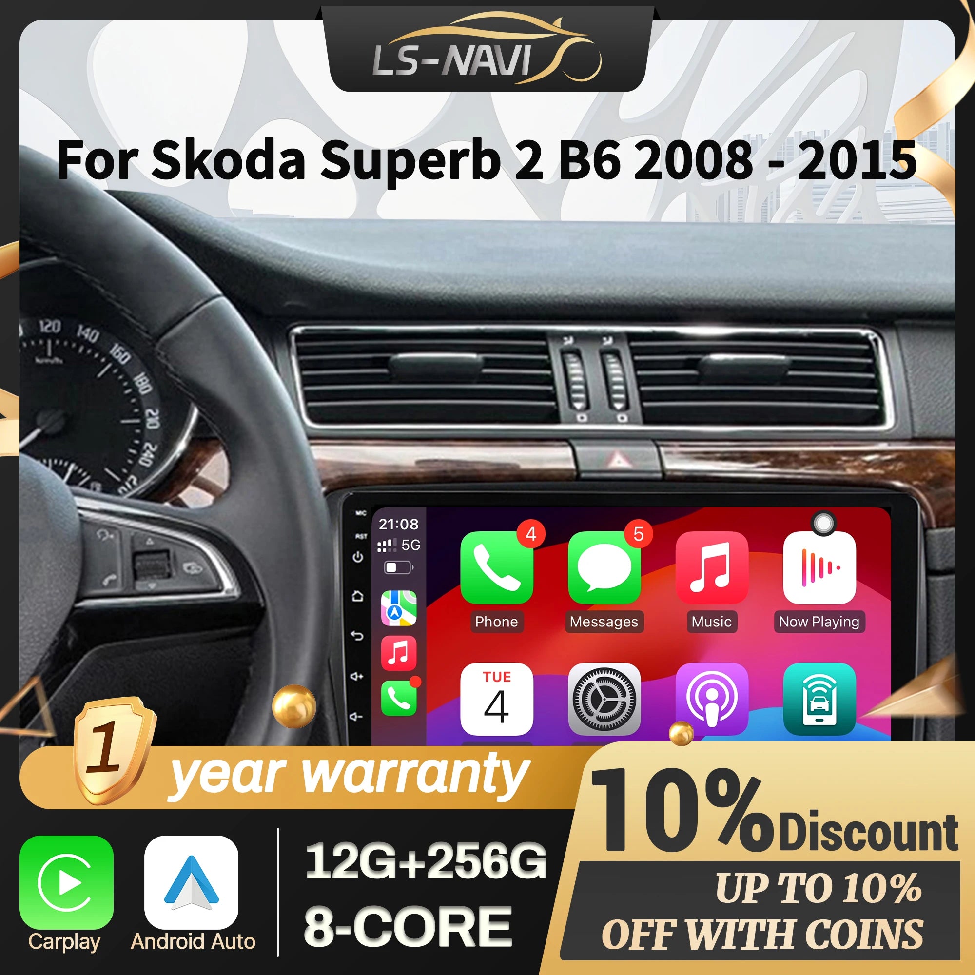 Car Radio 4G GPS For Skoda Superb 2 B6 2008-2015 Android 14 Multimedia Wireless CarPlay To