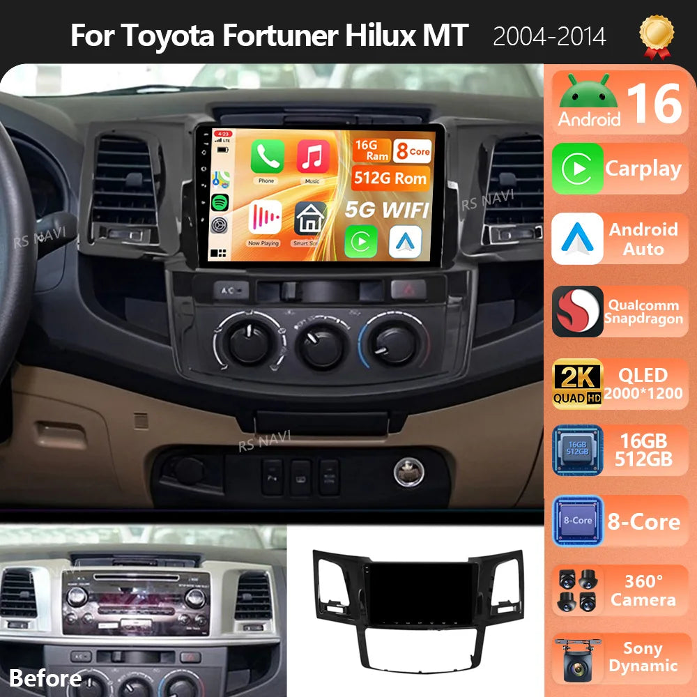 Plug and Play Android 16 For Toyota Fortuner Hilux Revo Vigo 2005 - 2007 Carplay 2K Car Ra