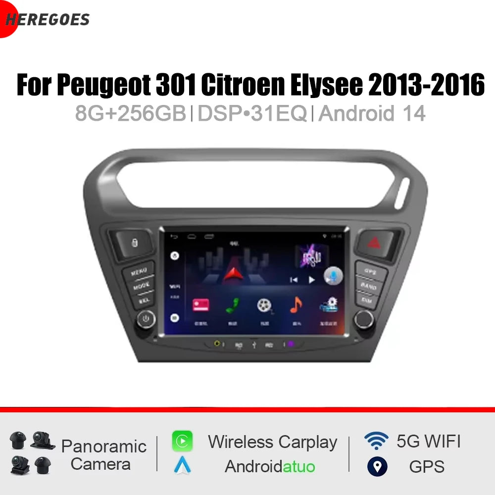 8" CarPlay Android 15 8 Core 12GB RAM 256GB ROM Car Radio GPS DSP Multimedia Player for Peugeot 301 Citroen Elysee 2013-