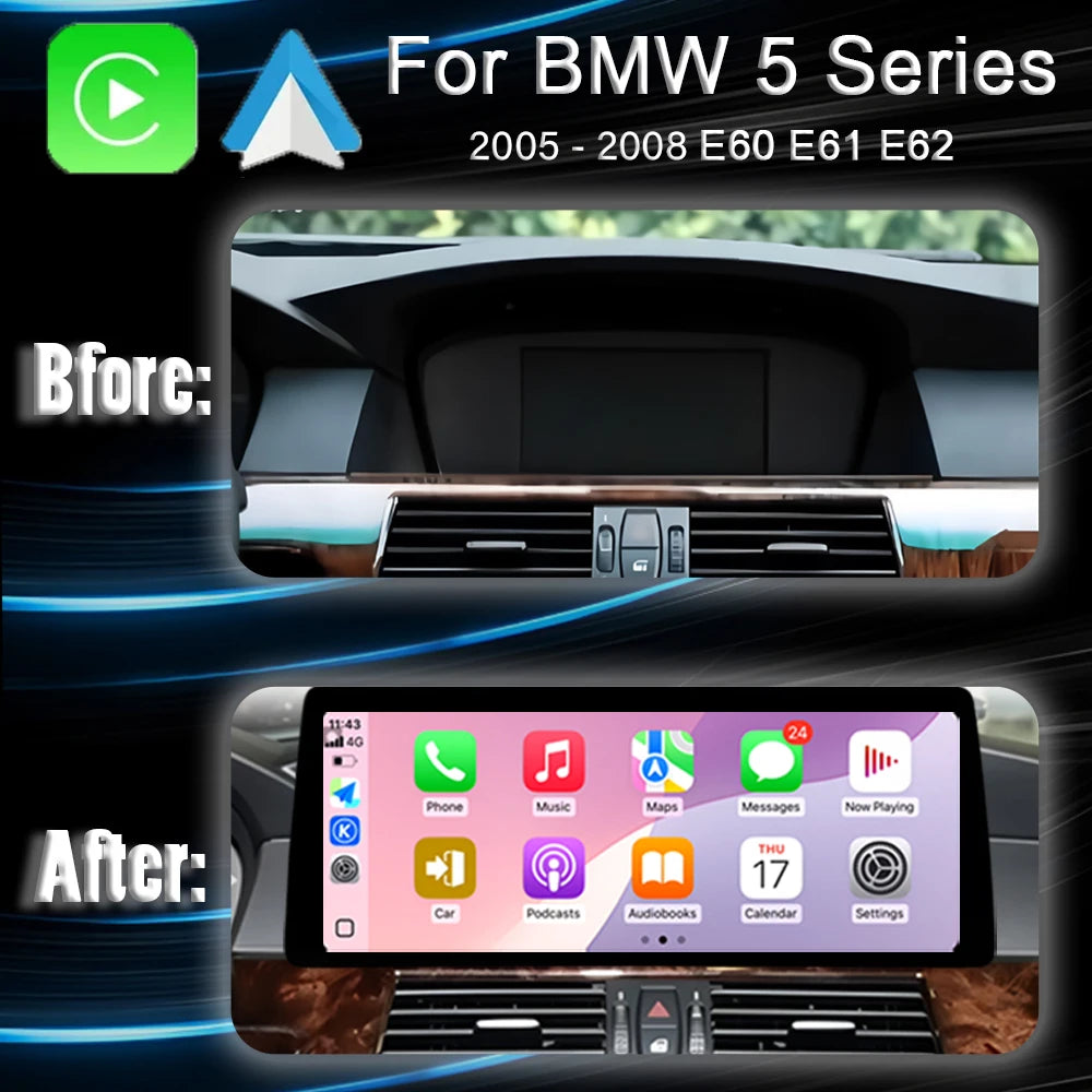 Android 14 Wireless Carplay QLED Screen For BMW 5 Series E60 E61 E62 CCC CIC system Car Ra