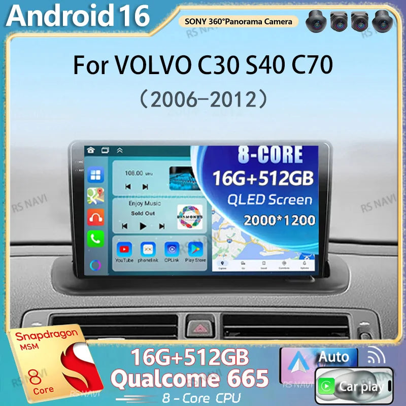 Android 16 Carplay Auto Car Radio For VOLVO C30 S40 C70 2006-2009 2010 2011 2012 GPS Navig