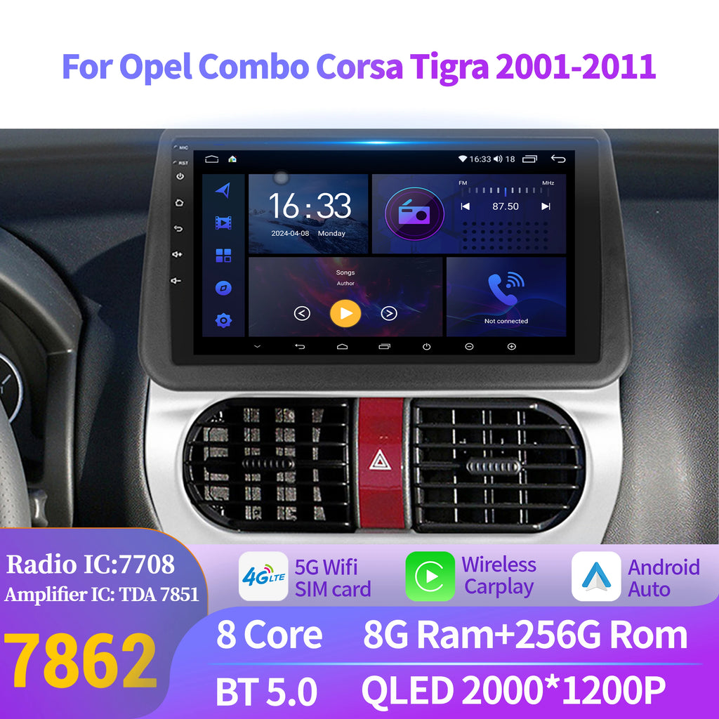 For Opel Combo Corsa Tigra 2001-2011 Car Radio Multimedia GPS Apple Android 14 Wireless BT