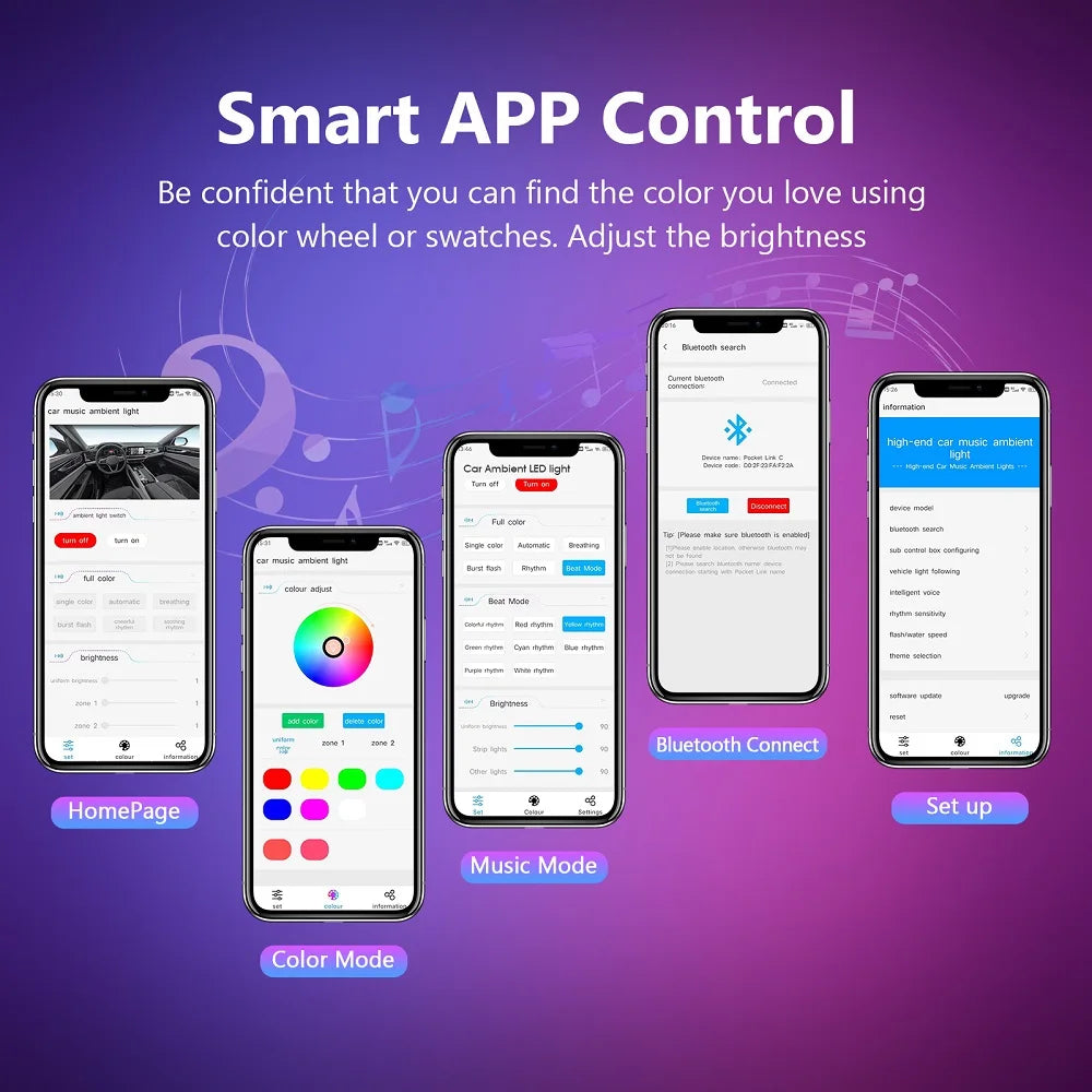 256 Colors - Ambient Light - App Control - Car Interior Lighting