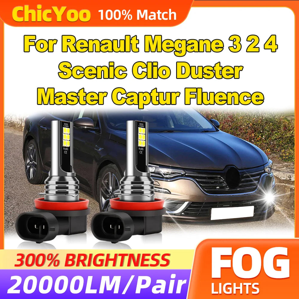 60W Fog Lights 20000LM H8 H9 H11 Fog Lamps 12V 6000K White For Renault Megane 3 2 4 Scenic