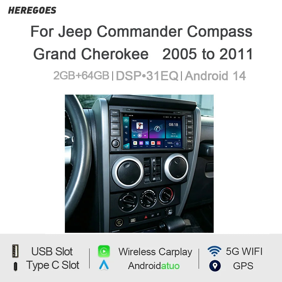 7" Car Radio GPS for Jeep Commander Compass Grand Cherokee 2005-2011 - Wireless CarPlay Android Auto Bluetooth Steering