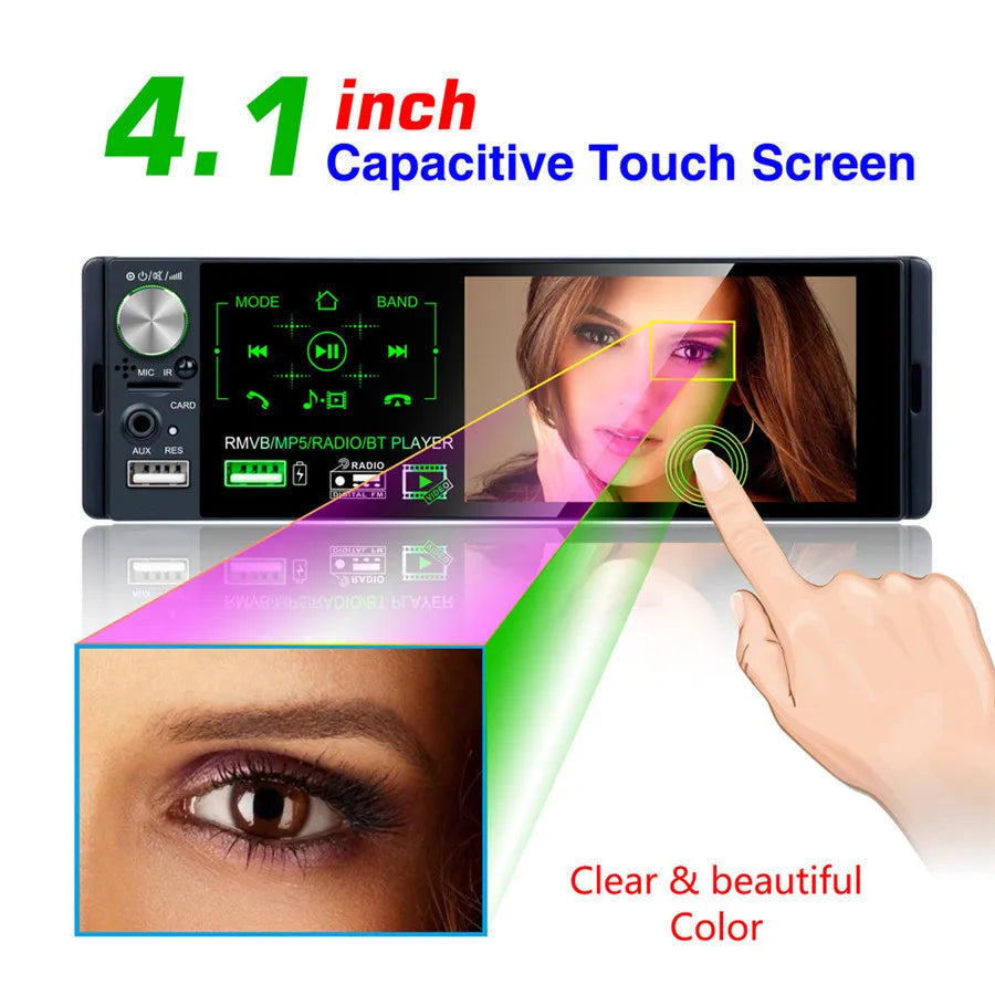 1DIN 4.1" MP5 Player AM FM Radio RDS support Subwoofer Micophone with Dynamic Track Camera