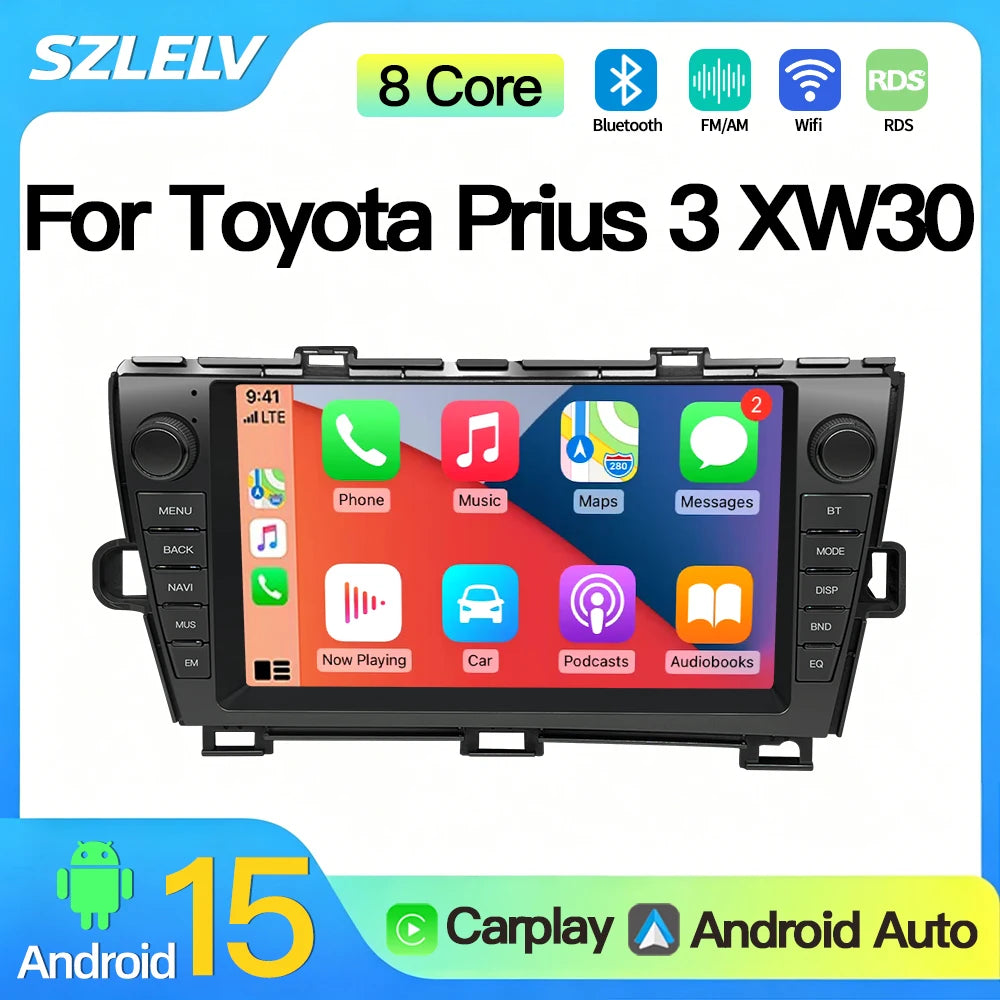 SZLELV Android 15 Car Radio 4G WIFI Carplay For Toyota Prius XW30 Autoradio Multimedia Pla