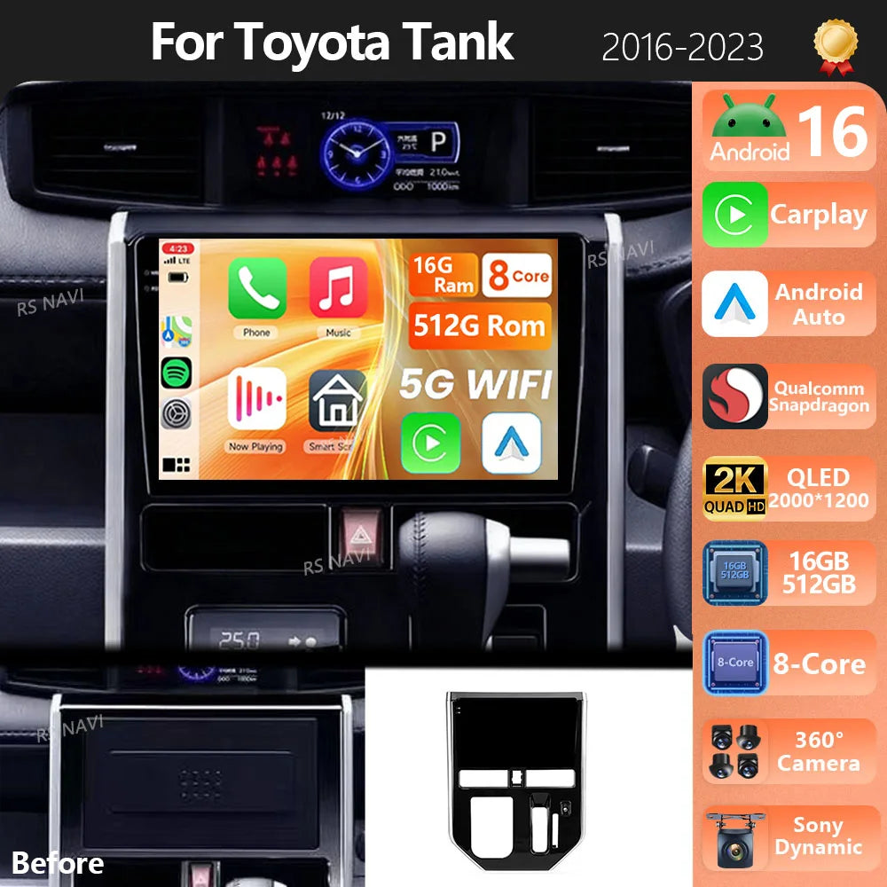 Android 16 Carplay Auto Qualcomm 2K QLED Screen Car Radio Player For Toyota Tank 2016-2023