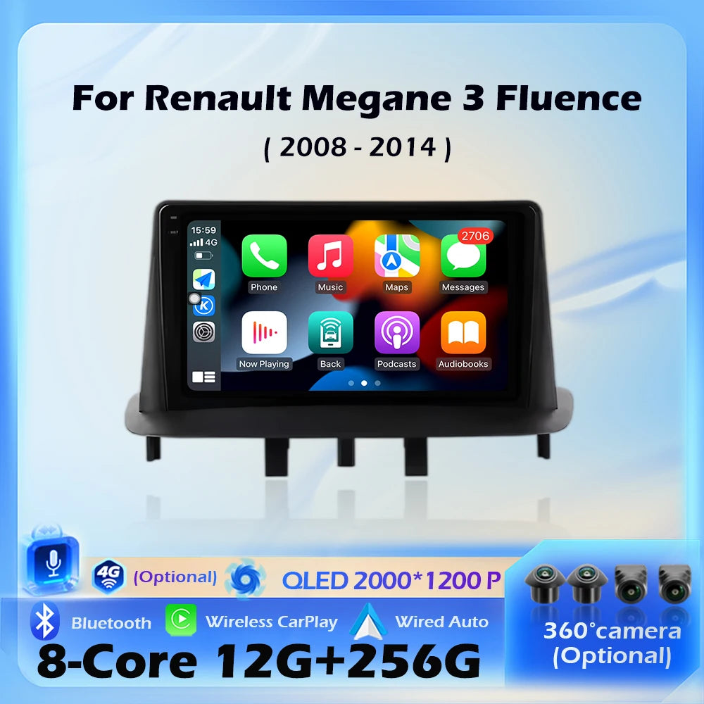 For Renault Megane 3 Fluence 2008 - 2014 Android 16 Wireless CarPlay Car Radio Multimedia