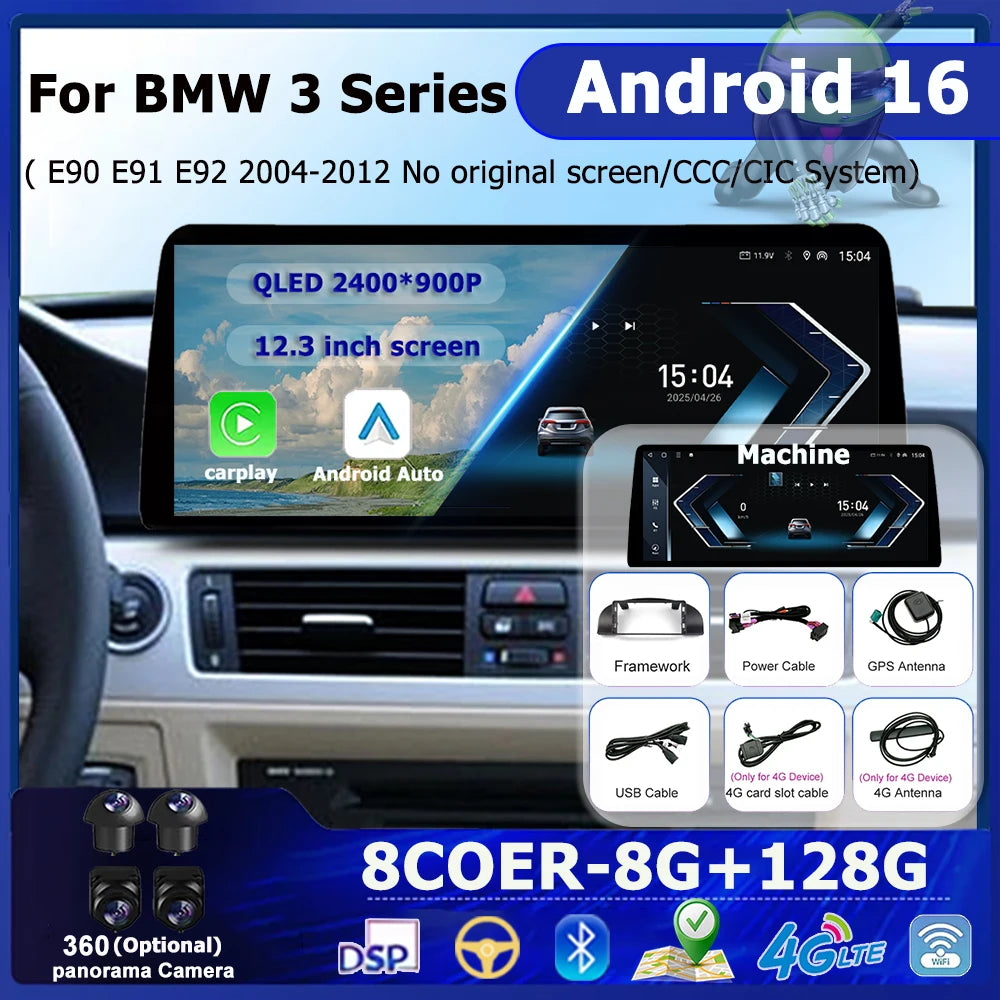 Android 16 Auto Wireless Carplay For BMW 3 Series E90 E91 E92 2006 -2012 Without Original