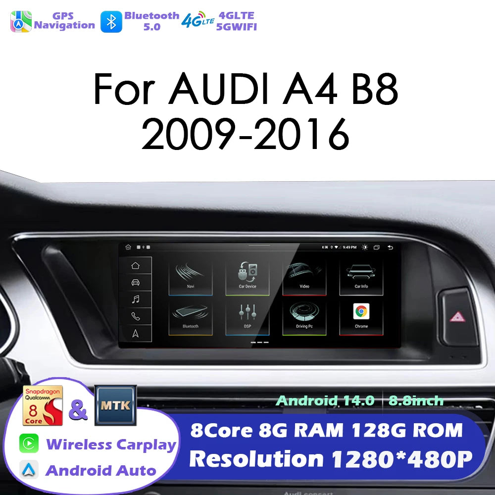 Android 14 Radio For 8.8 inch Audi A4 B8 2013-2016 Car Multimedia Player Navigation GPS St