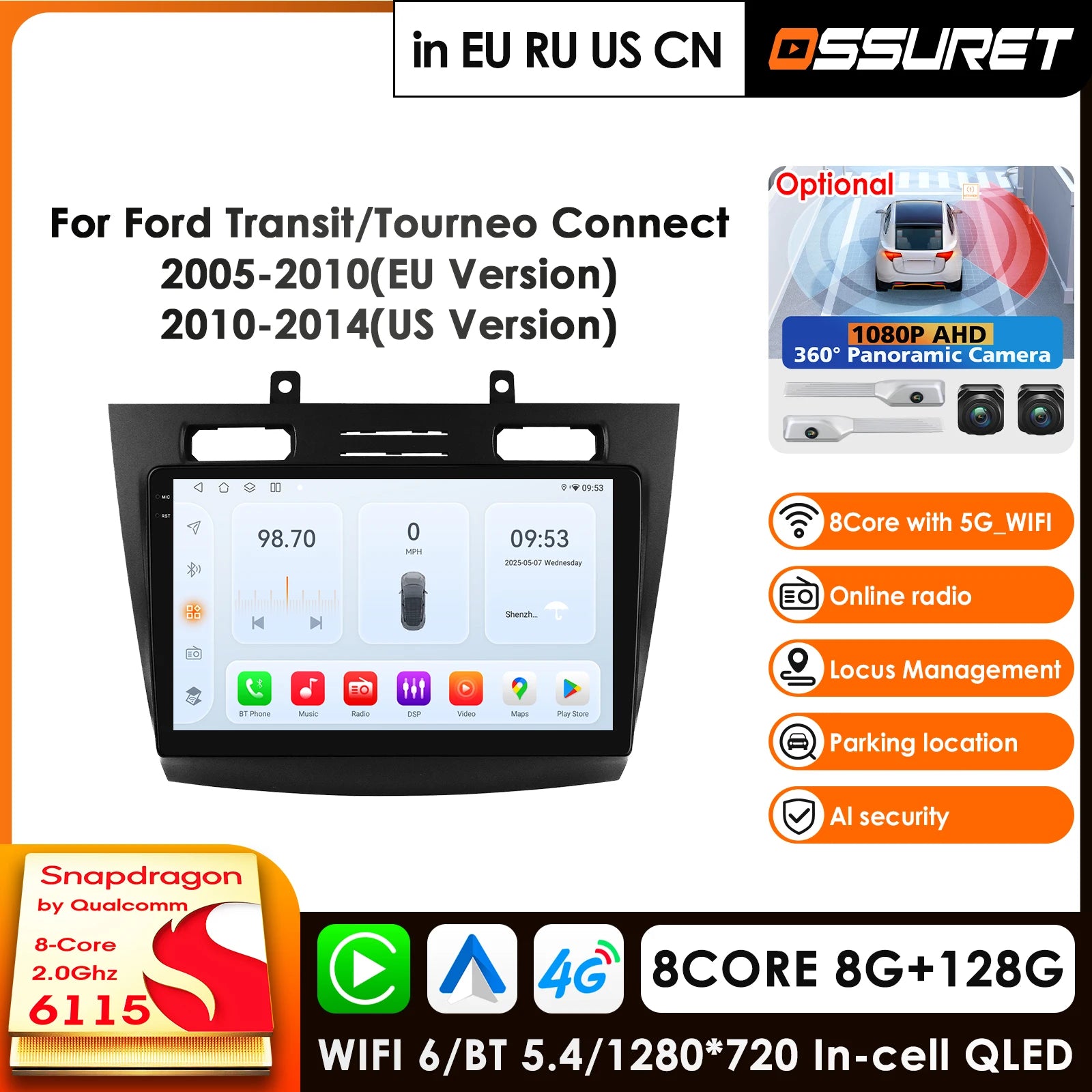 12.3" Car Radio GPS Android 2 Din Multimedia Player for Ford Transit Connect 2005-2014 Tourneo Connect - 4G AI System DS
