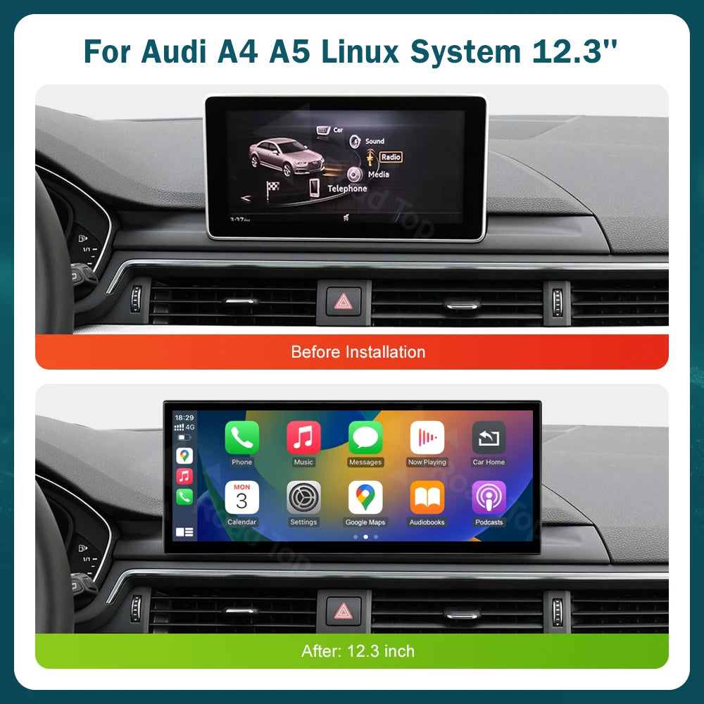 RoadTop 12.3 inch Wireless CarPlay Multimedia Display Android Auto For Audi A4 A5 2016-201