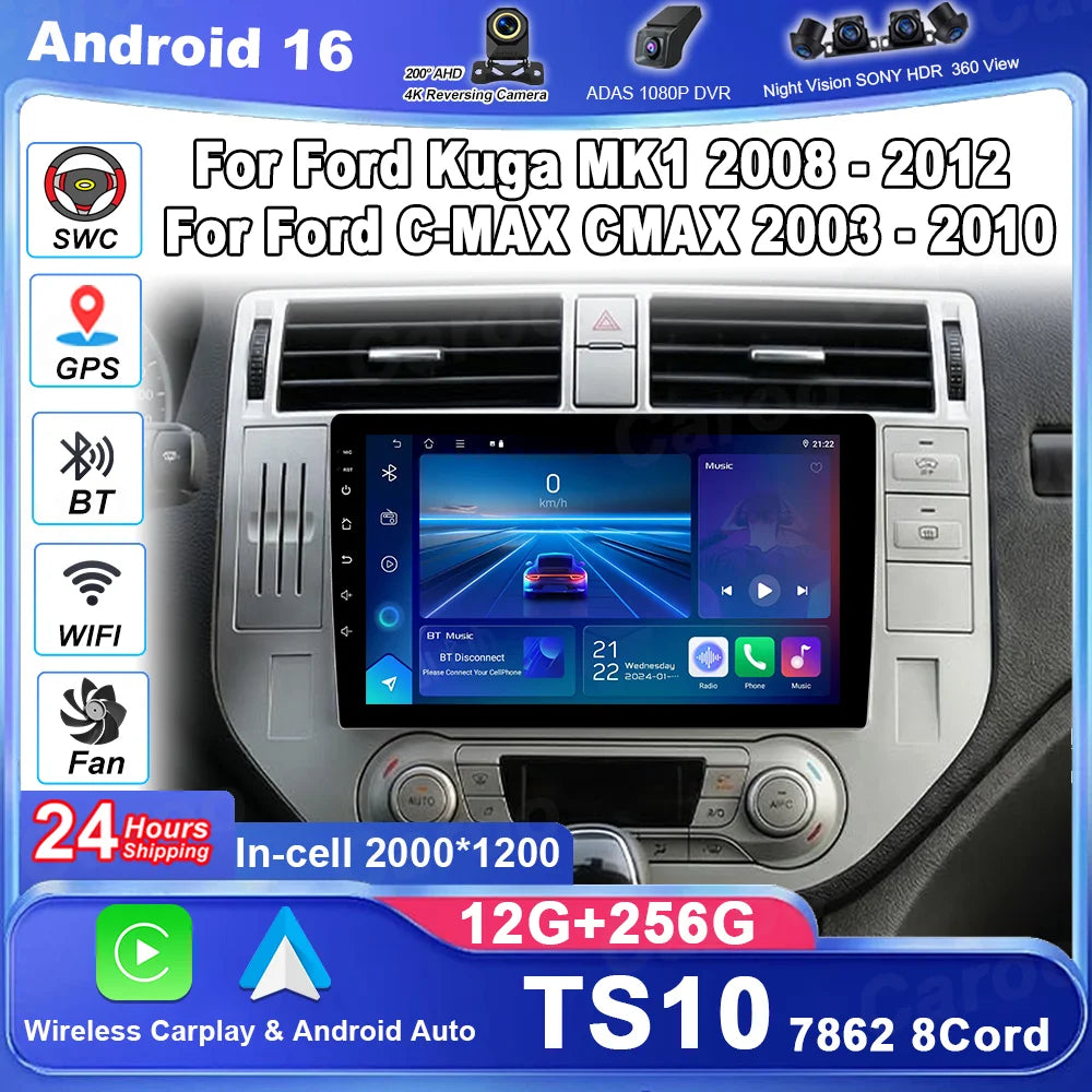 Android 16 Car Radio Stereo Head Unit For Ford Kuga MK1 2008-2012 For Ford C-MAX CMAX 2003