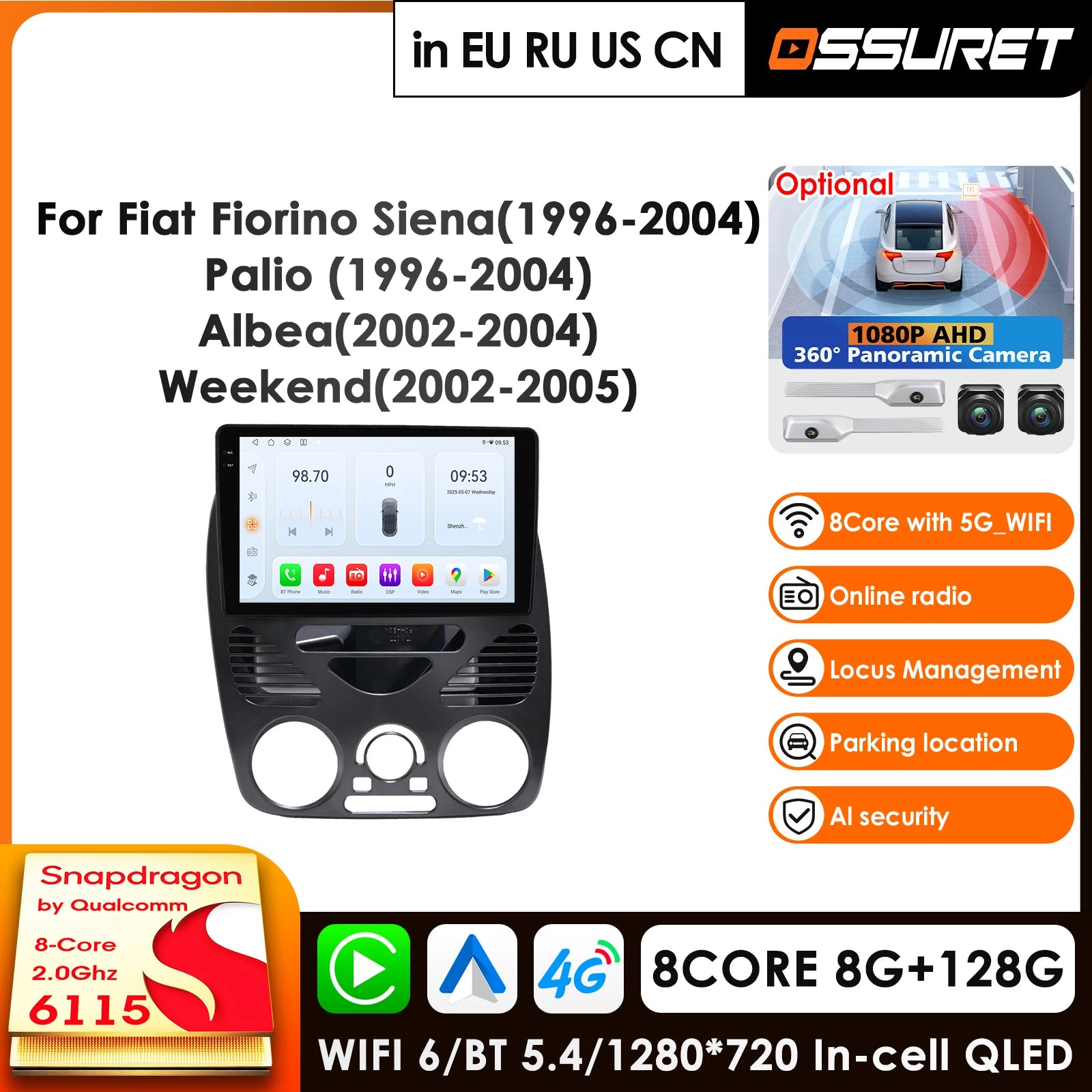12.3" Car Radio GPS Android 14 for Fiat Siena 1996-2004 Palio Albea 2002-2004 Weekend 2002-2005 - 8Core 2.0GHz 360° Came