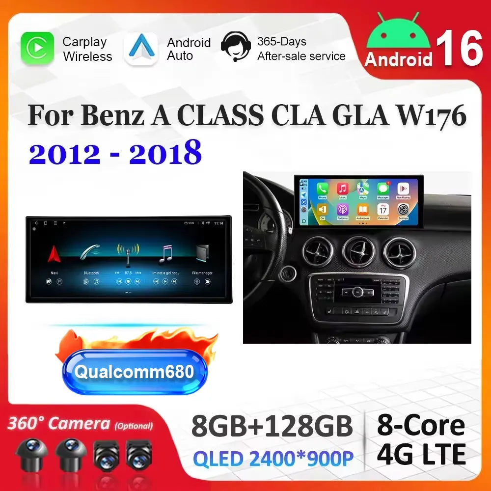 Ultra-thin QLED Screen Android 16 Auto Carplay for Benz A CLASS CLA GLA W176 2012 - 2018 C