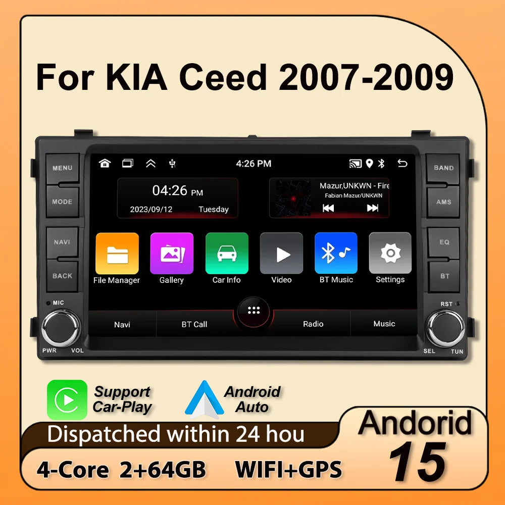 For Kia Ceed Venga 2007-2009 Android 15 64G 2 Din Car Radio Carplay GPS Central Multimedia