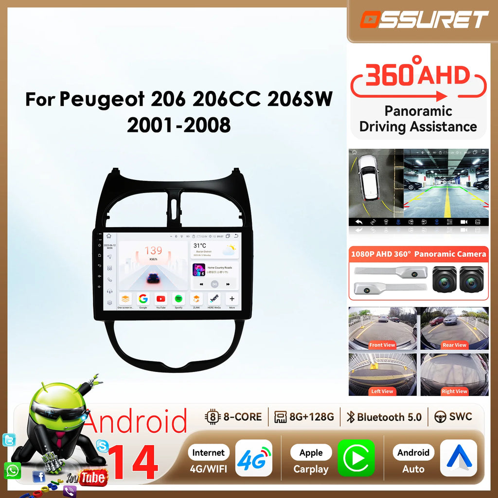 360 Camera Android Auto Car radio For PEUGEOT 206 206SW 206CC 2001 - 2008 Autoradio Wirles