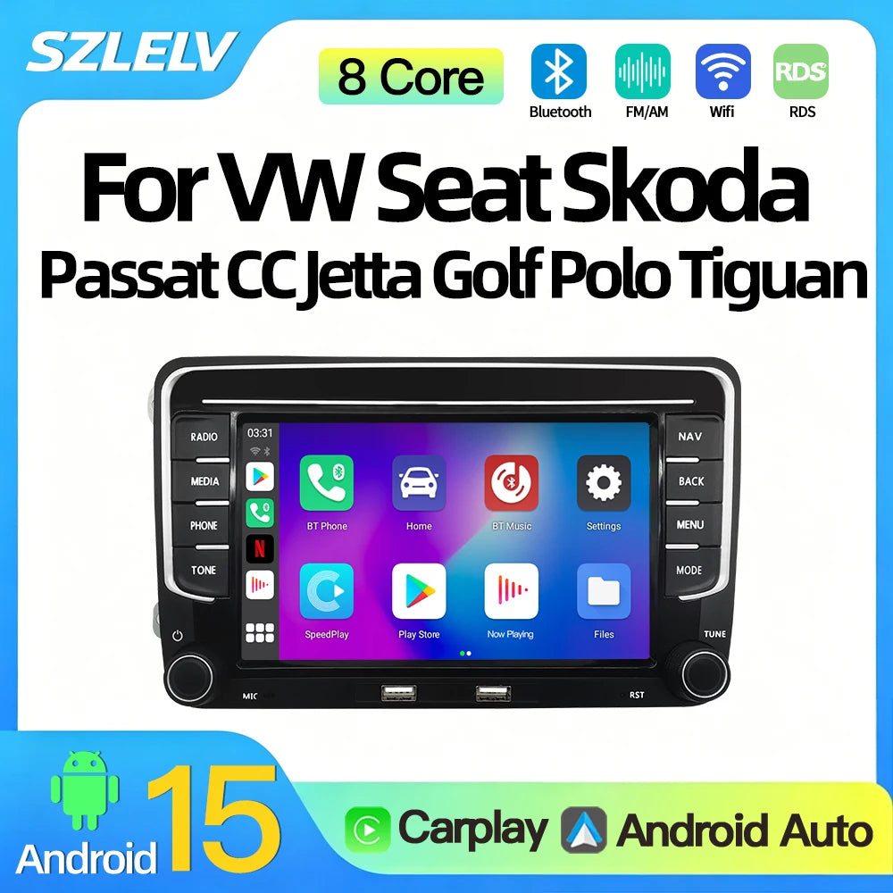 SZLELV 7" Carplay Car Radio Android15 Auto Radio For VW Seat Skoda Passat Jetta Golf Polo