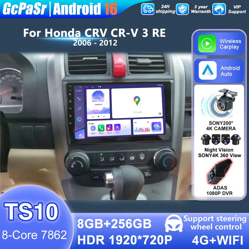Android 16 For Honda CRV CR-V 3 RE 2006 - 2012 Android auto Screen Car Stereo Radio Multim